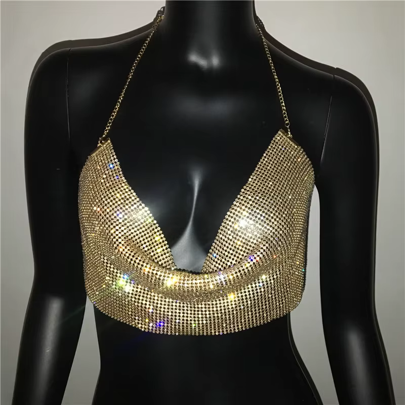 Camisole dos nu à col en V profond pour femme, biscuits brillants, précieux, court, fête rave, boîte