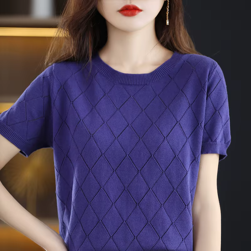 T-shirt à manches courtes et col rond pour femme, pull fin, 100% coton, pull creux en diamant, t-shi