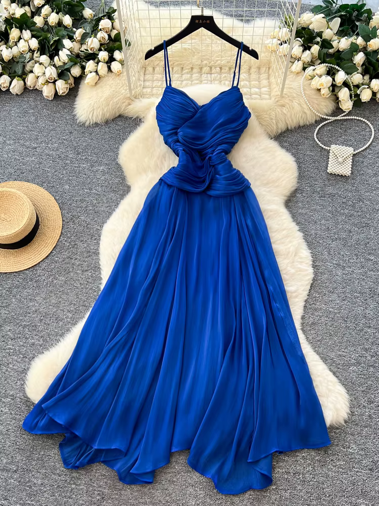 Robe de soirée de plage française pour femmes, Camisole plissée, Sexy, longue, irrégulière, col en v