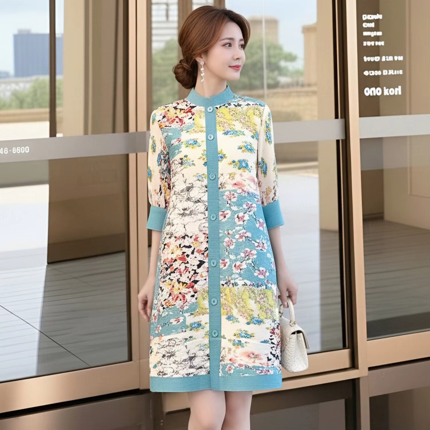 Robe Cardigan Plissée Miyake Femme Tendance Imprimée Col Montant Manches 3/4 Boutonnage Simple Éléga
