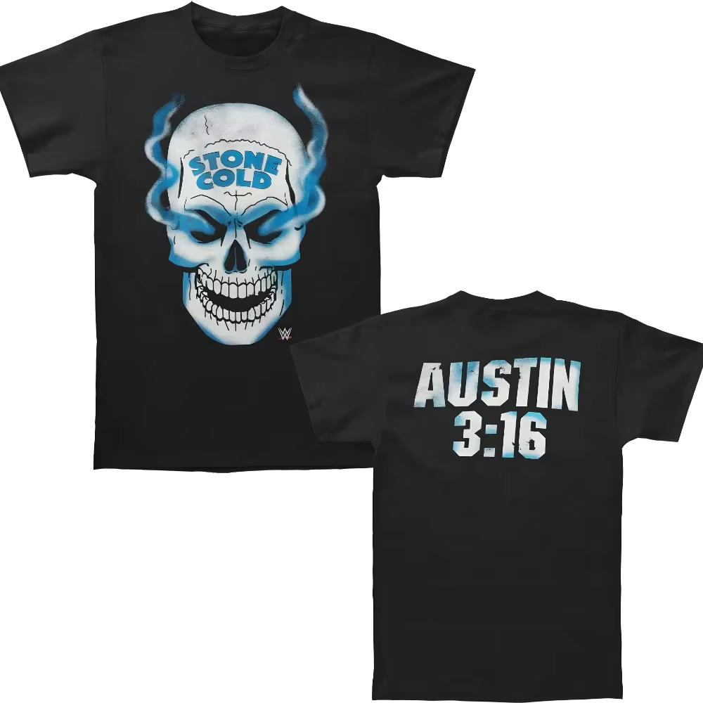 T-shirt Stone Cold Steve og Skull pour homme, 3 po, 16 po, devant et dos