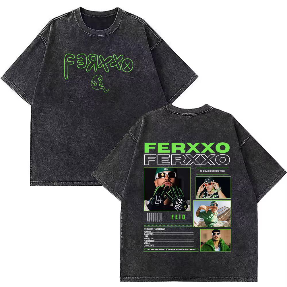T-shirt vintage délavé imprimé Rapper Feid Ferxxo Tour 2026 pour hommes et femmes, mode hip-hop, cot