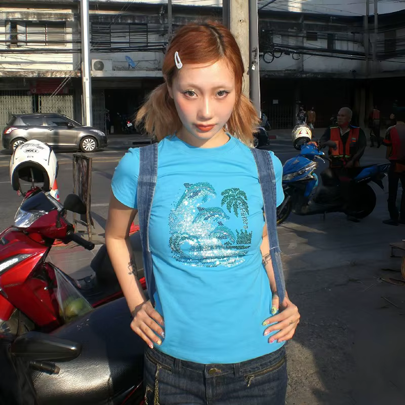 Karrram japonais Y2k strass T-shirt Vintage Harajuku diamant imprimé t-shirts Trashy 2000s esthétiqu