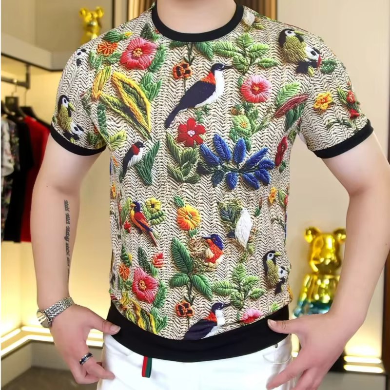 2025 été nid d'abeille maille à manches courtes T-shirt hommes rétro imprimé col rond T-shirt style 
