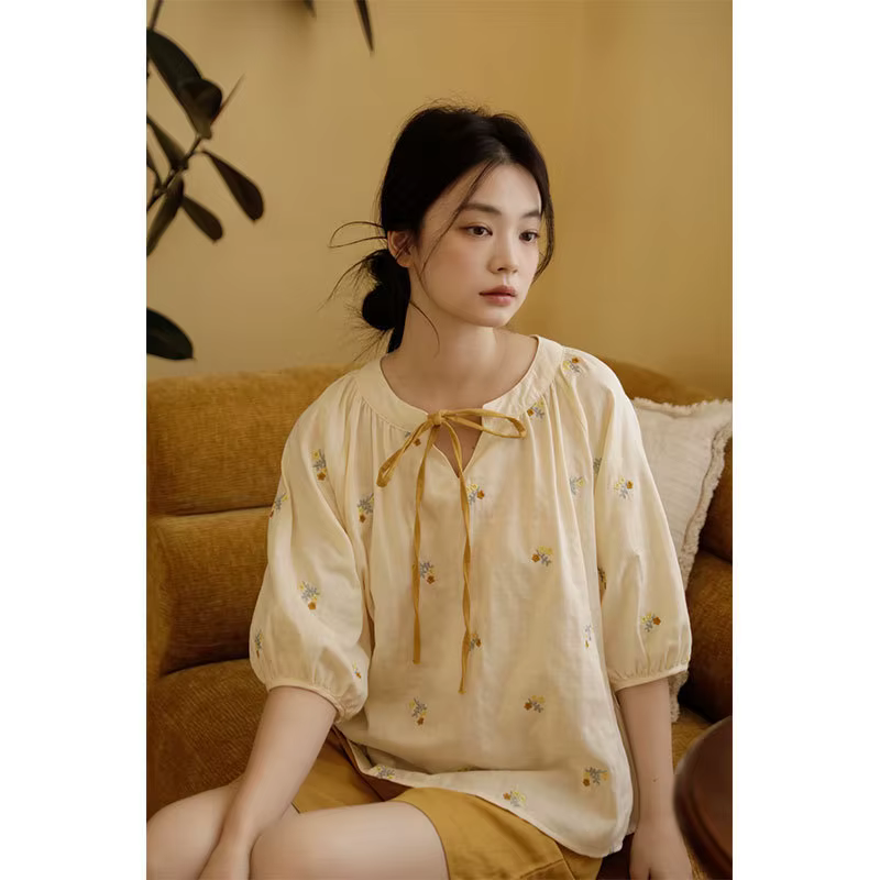 Haut en gaze de coton pour femme, chemisier à manches courtes bouffantes avec col à nouer, tunique f