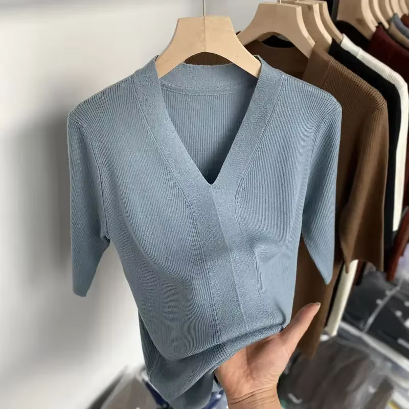T-shirt à Manches Courtes et Col en V pour Femme, Slim et Décontracté, Couleur Unie, Vert, Été 2025