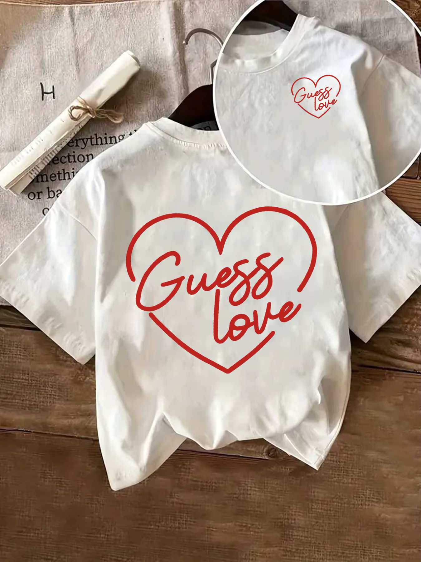T-shirt graphique «Guess Love» pour femmes, décontracté, blanc, à manches courtes, avec motif cœur r