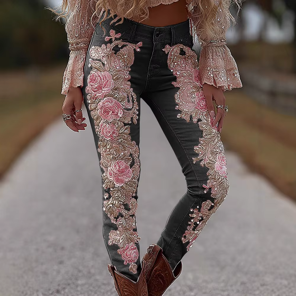 Pantalon en jean extensible pour femmes, imprimé floral 3D, coupe droite, décontracté