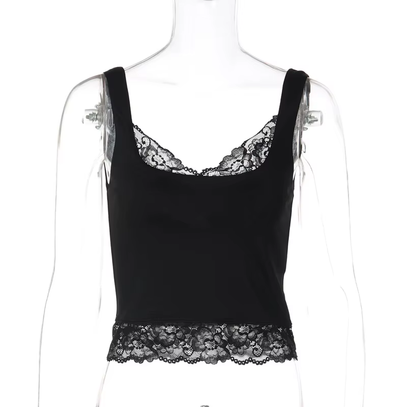 Tossy noir dentelle débardeur pour femmes col en v dos nu Streetwear Spaghetti Patchwork recadrée Y2