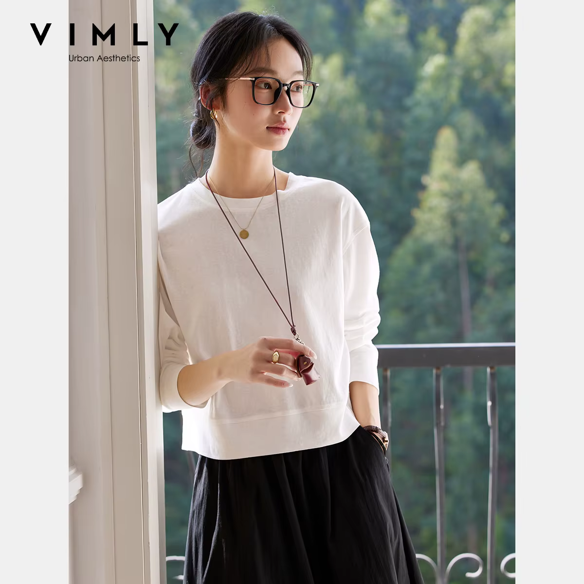 T-shirt en coton blanc pour femme VIMLY, collection Printemps 2026, col rond, manches longues, coupe