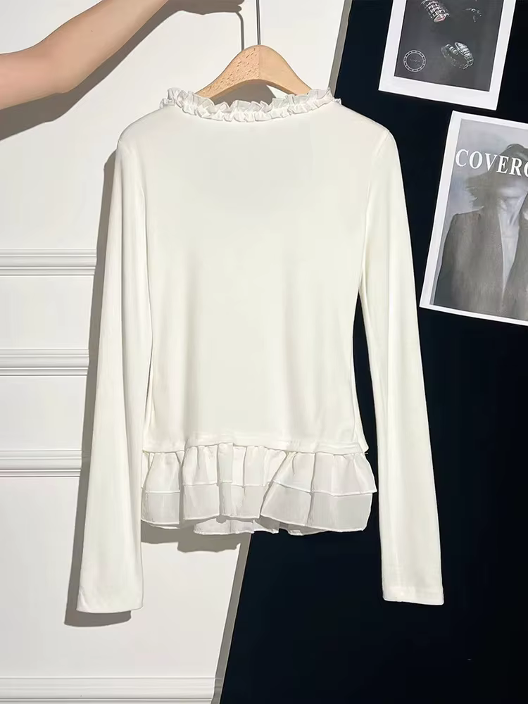 Manches longues volants t-shirt femmes coupe ajustée décontracté faux deux pièces t-shirts Chic doux