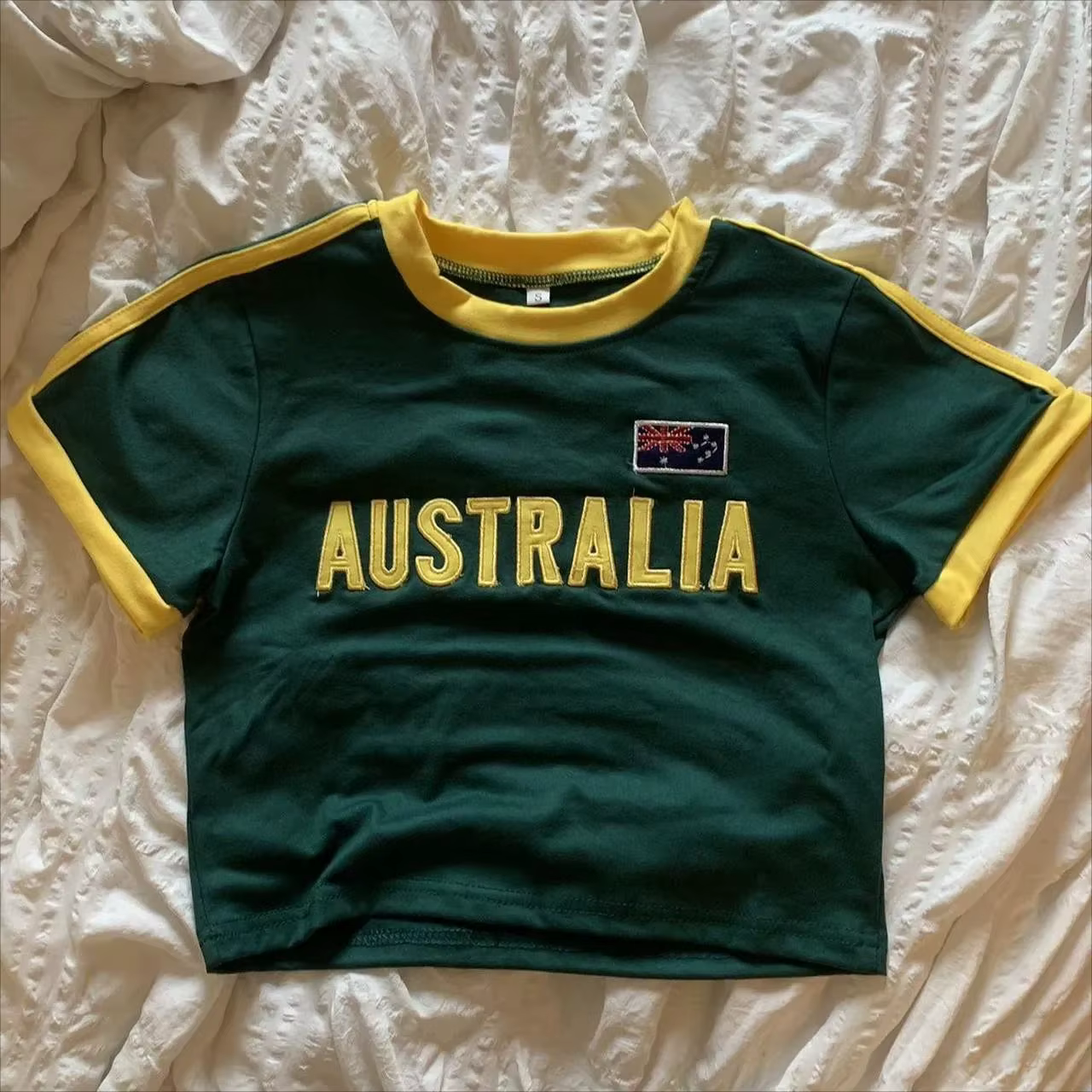 T-shirt vert d'été pour femmes, haut court avec lettres imprimées australiennes, décontracté, manche