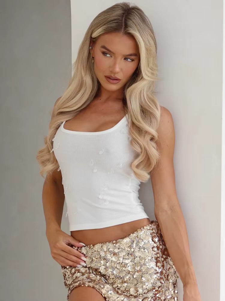 Débardeur avec Appliques goutte d'eau pour femmes, tenue Rave, couleur unie, Y2k, haut court, sans m
