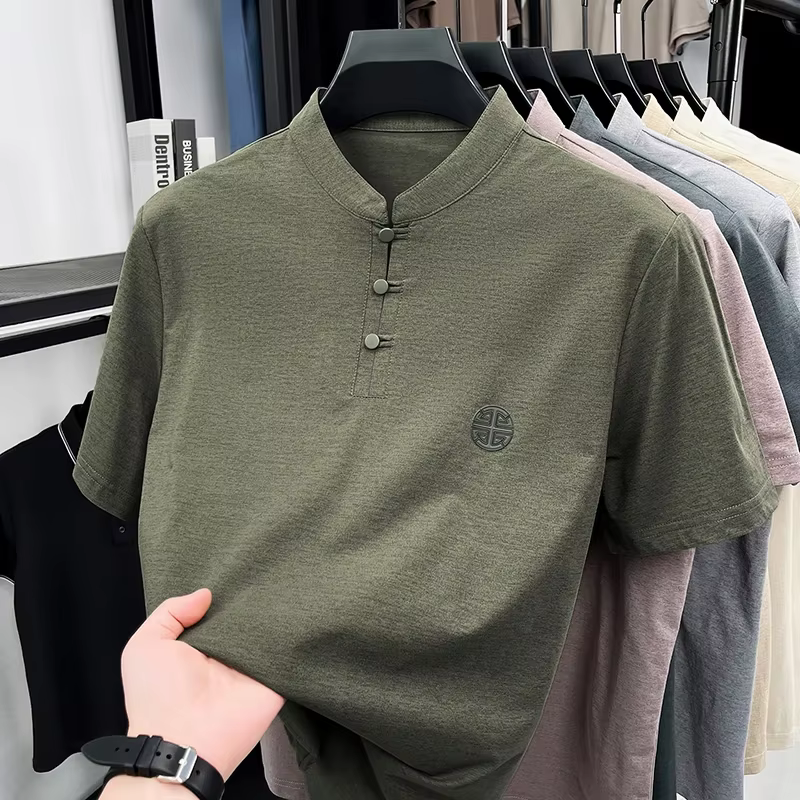 T-shirt à manches courtes pour homme, col mandarin, style chinois décontracté, chemise Henley à bout