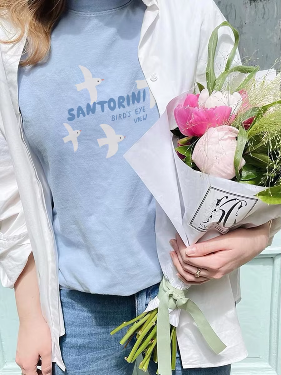 T-shirt manches courtes col rond femme, estival et décontracté, en coton, avec image de pigeon et le