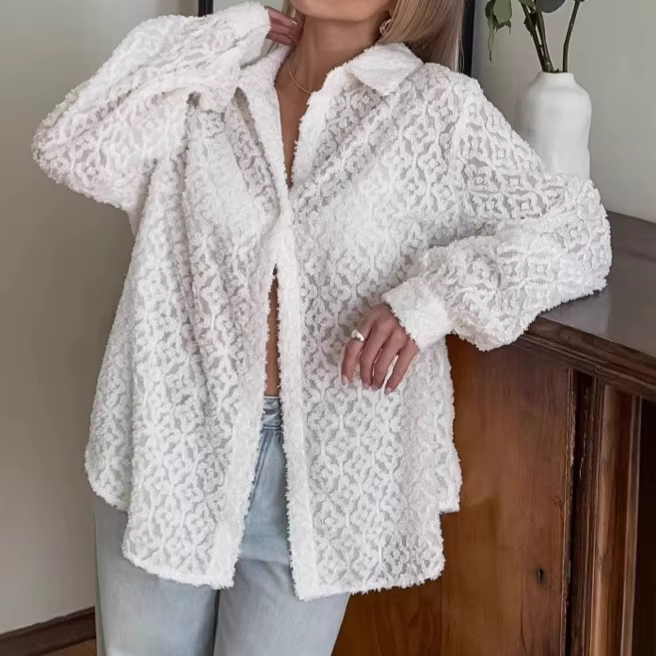 Chemise Femme Blanche Jacquard à Revers Style Français 2026 – Nouvelle Collection Été-Automne, Prote