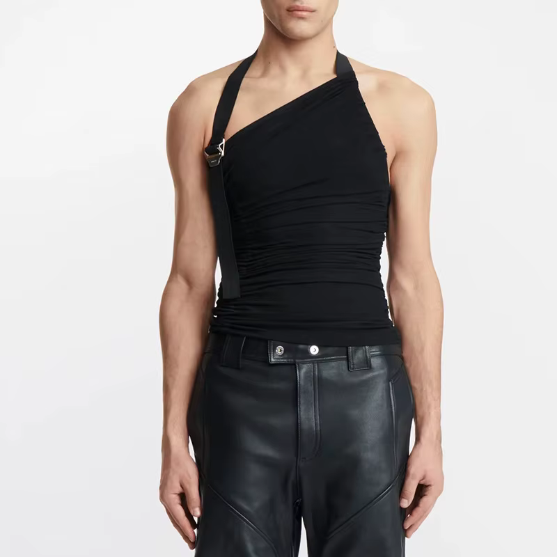 Nouveaux hommes personnalisés gilet hauts sangle épaule creux tricoté débardeurs élastique mince Fit