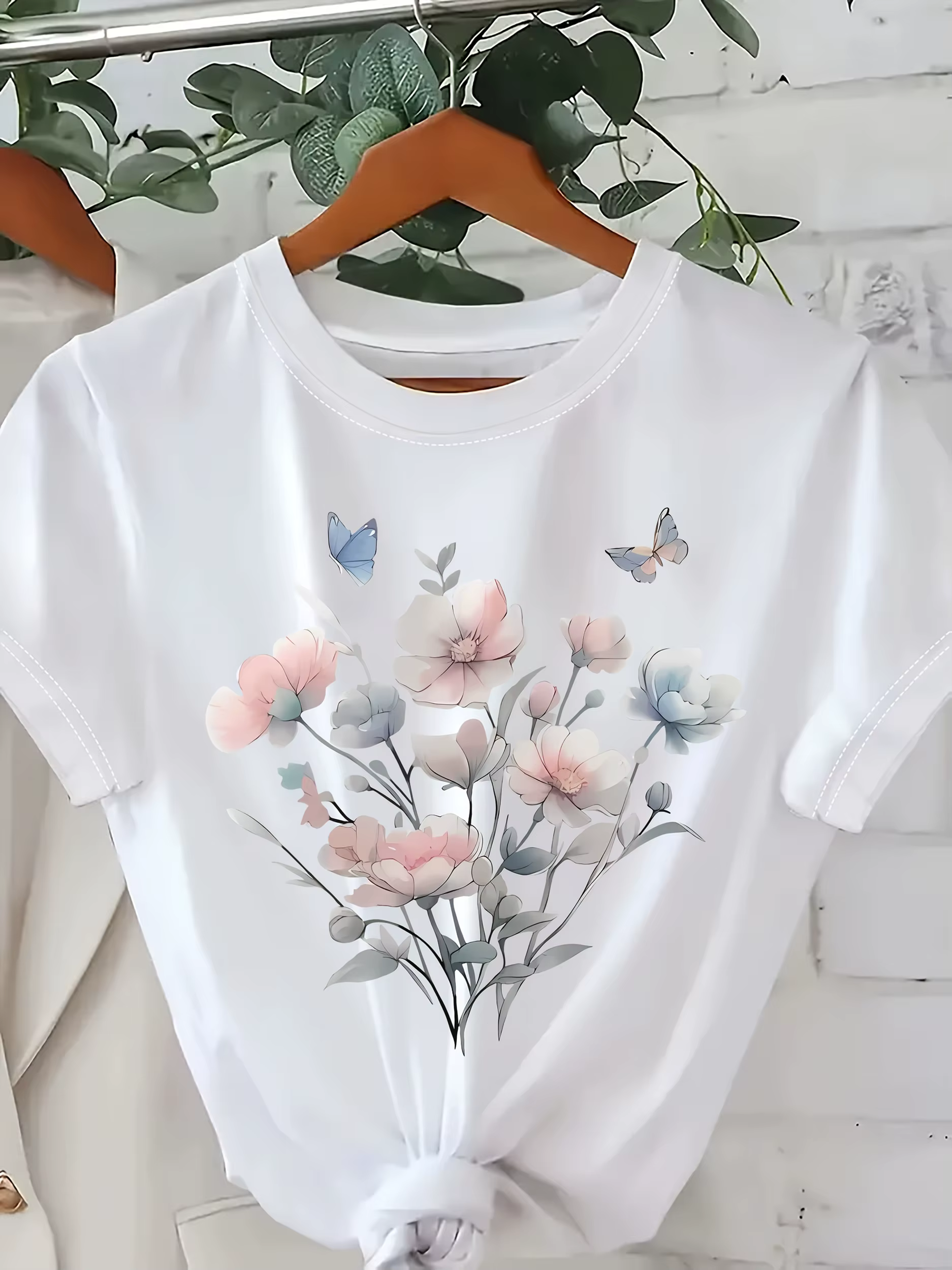 T-shirt à imprimé floral pour femme, haut rose pastel avec motif floral, léger, tous les jours, tenu