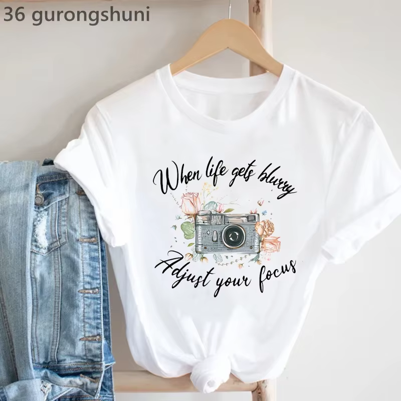 Vintage T-Shirt Femmes Caméra Oiseau Tshirt Femme Mode D'été À Manches Courtes T-Shirt Femme Casual