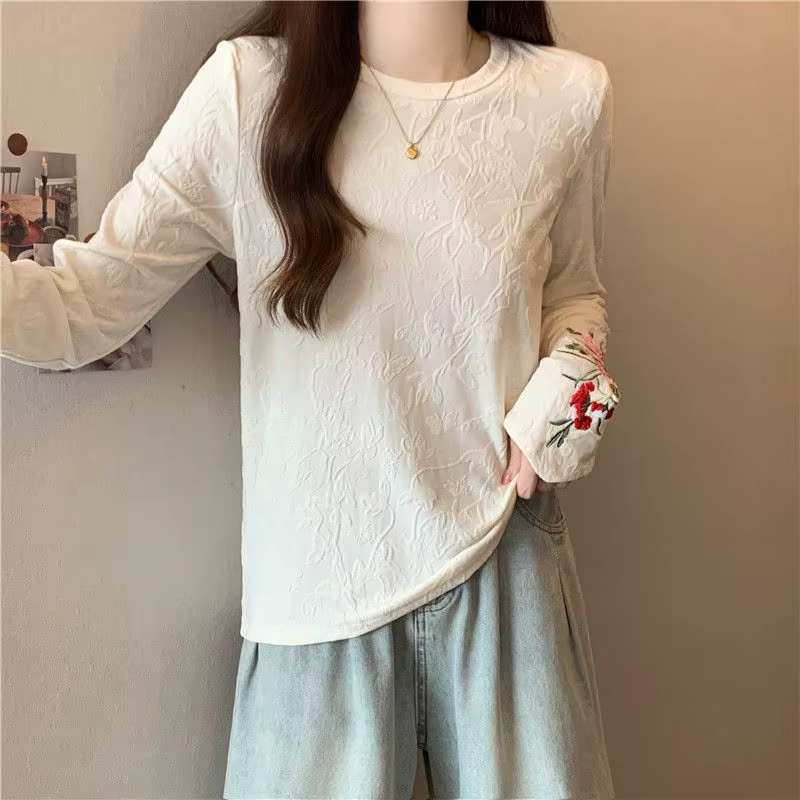 Femmes Style chinois T-shirt broderie Jacquard coupe ample haut printemps automne col rond blouse dé