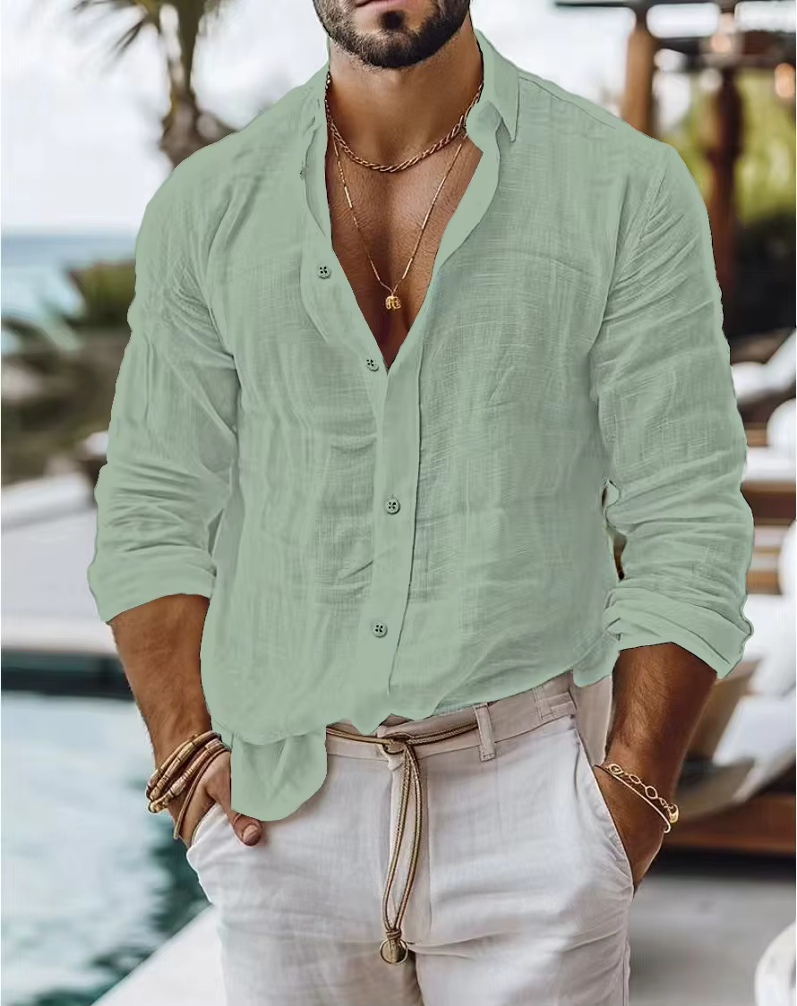 Chemise à manches longues pour hommes, mélange de coton et de lin, couleur unie, respirante, absorba