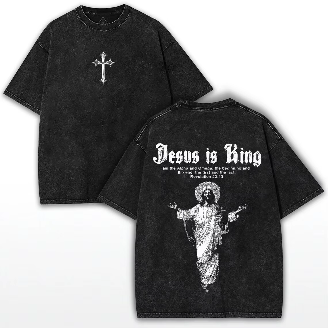 T-shirt Jésus est roi, imprimé croix chrétienne, coton délavé vintage, motif religieux rétro, street