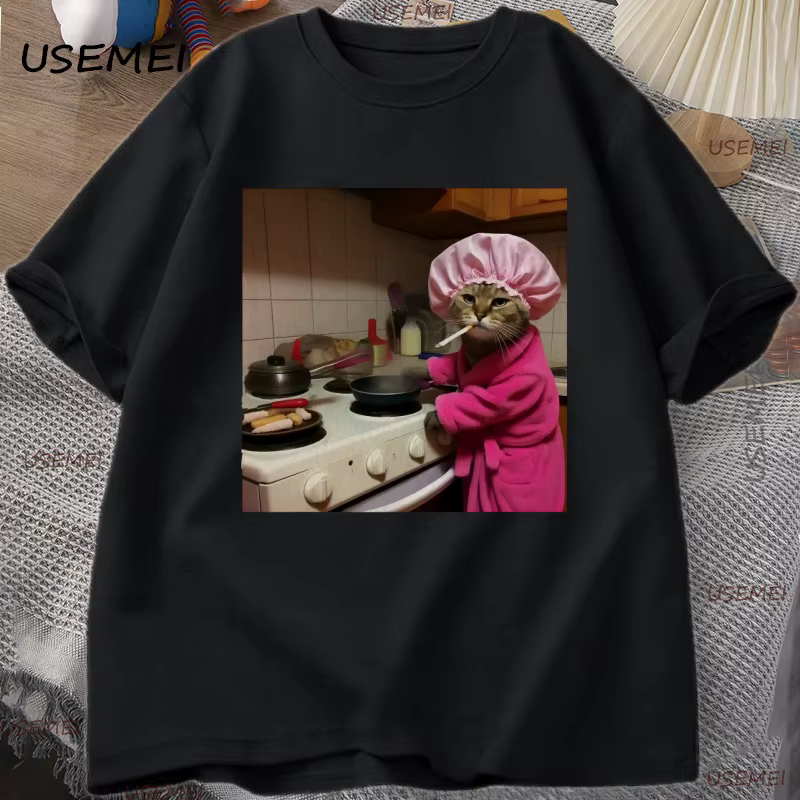 Drôle femme au foyer chat T-Shirt Vintage coton à manches courtes Gen Z blague T-Shirt stupide cerve