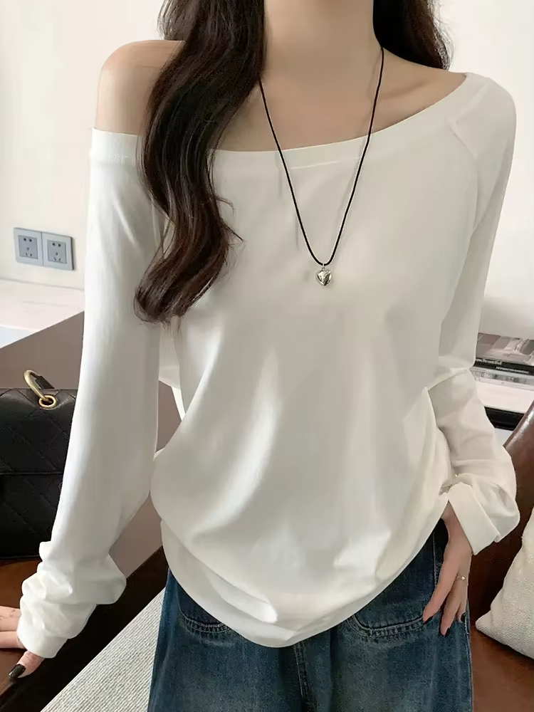 Surdimensionné épaules dénudées à manches longues t-shirt femmes couleur unie décontracté hauts dame