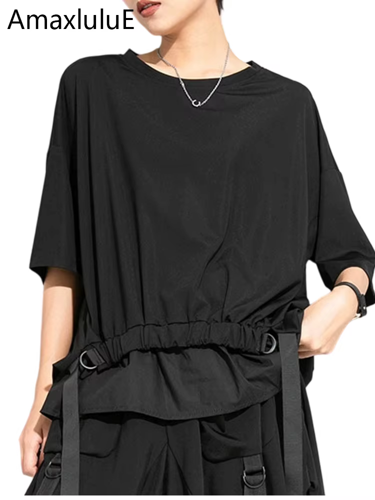 AmaxluluE 2025 été mode T-shirt femmes noir à manches courtes T-shirt dames décontracté Patchwork ha