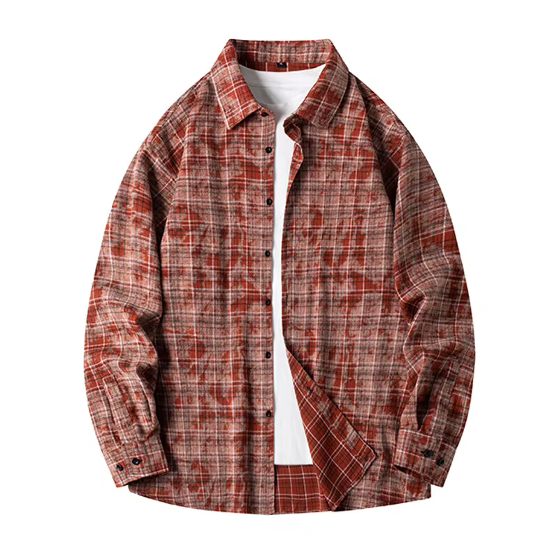 Chemise à col à revers rétro pour hommes, veste décontractée, manteau en coton à carreaux, manches l