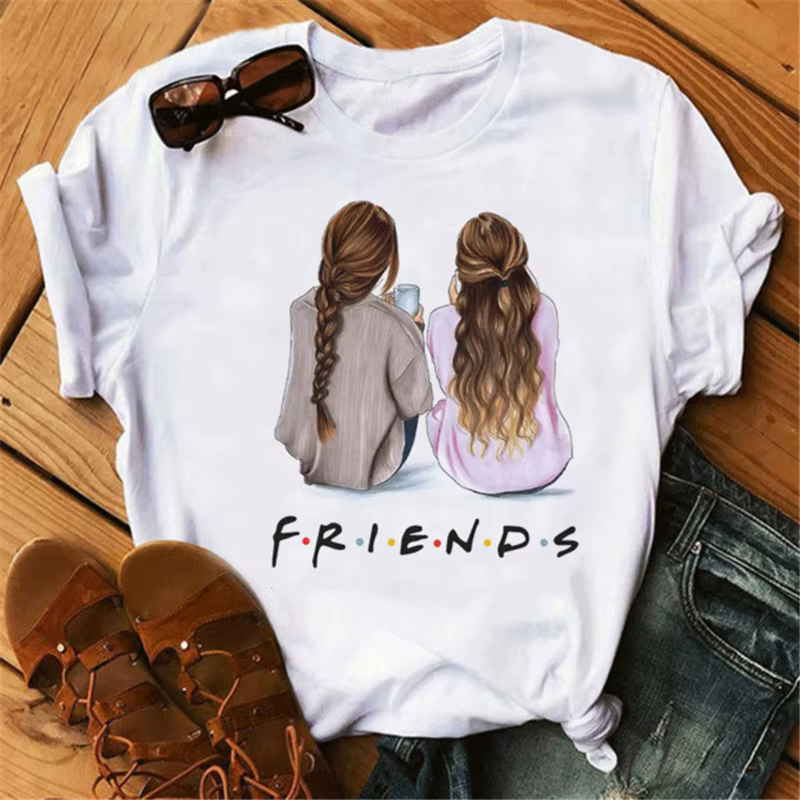 T-shirt à col rond imprimé dessin animé Good Friends pour femme, haut graphique, manches courtes, dé