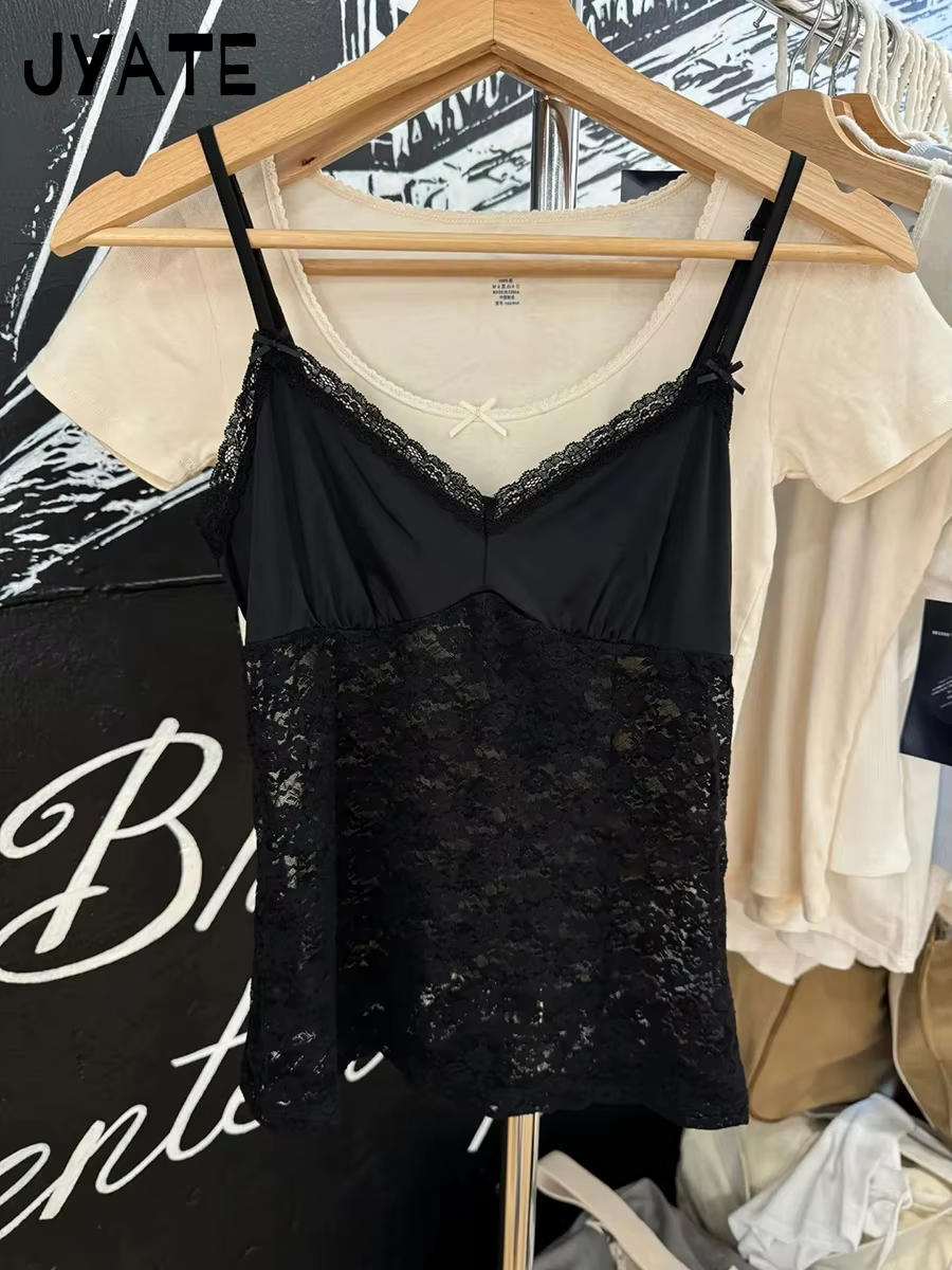 Débardeur transparent noir en dentelle avec nœud pour femme, style streetwear d'été, sans manches, c