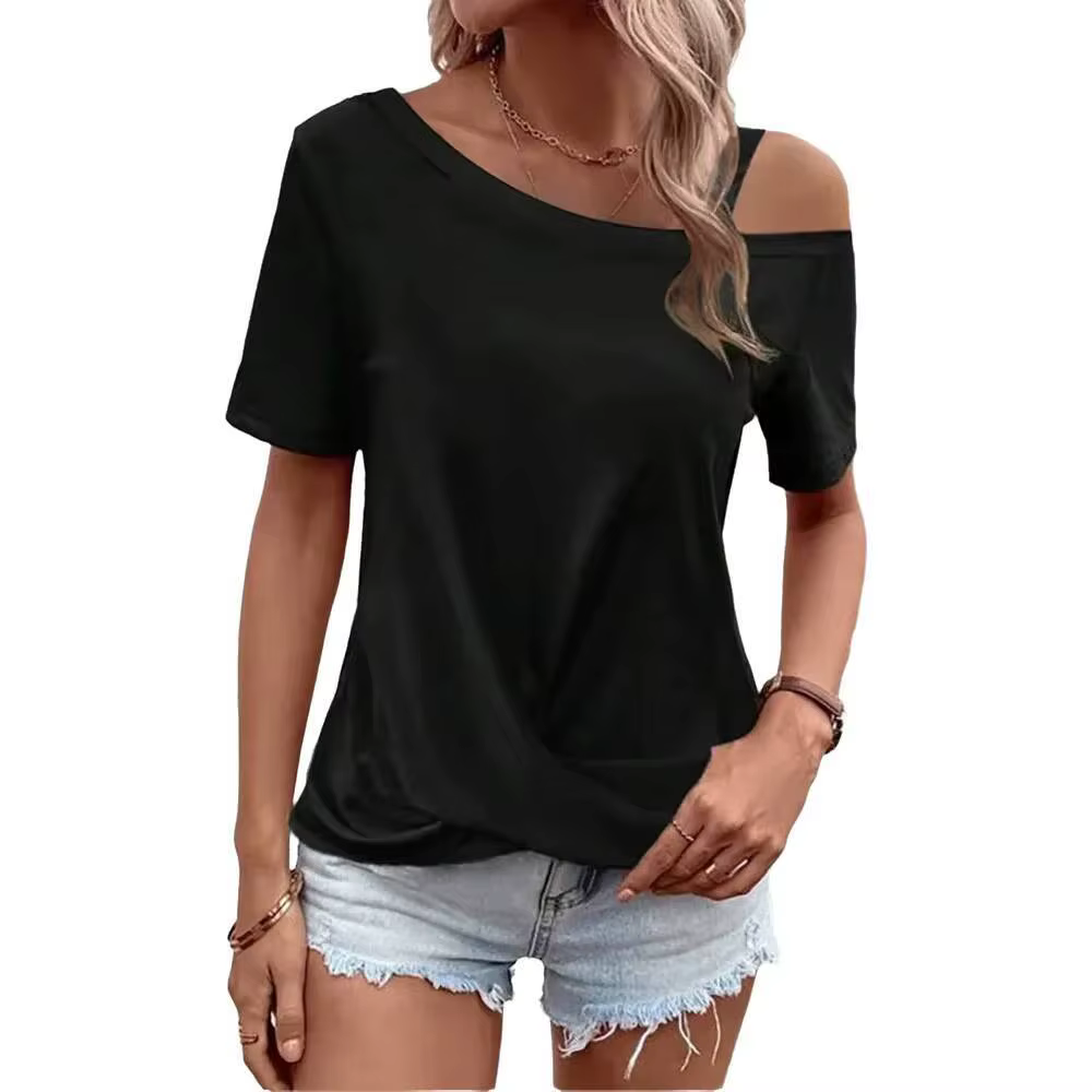 T-shirt femme noir printemps-été à une épaule, manches courtes, ourlet torsadé, coupe ample, élégant