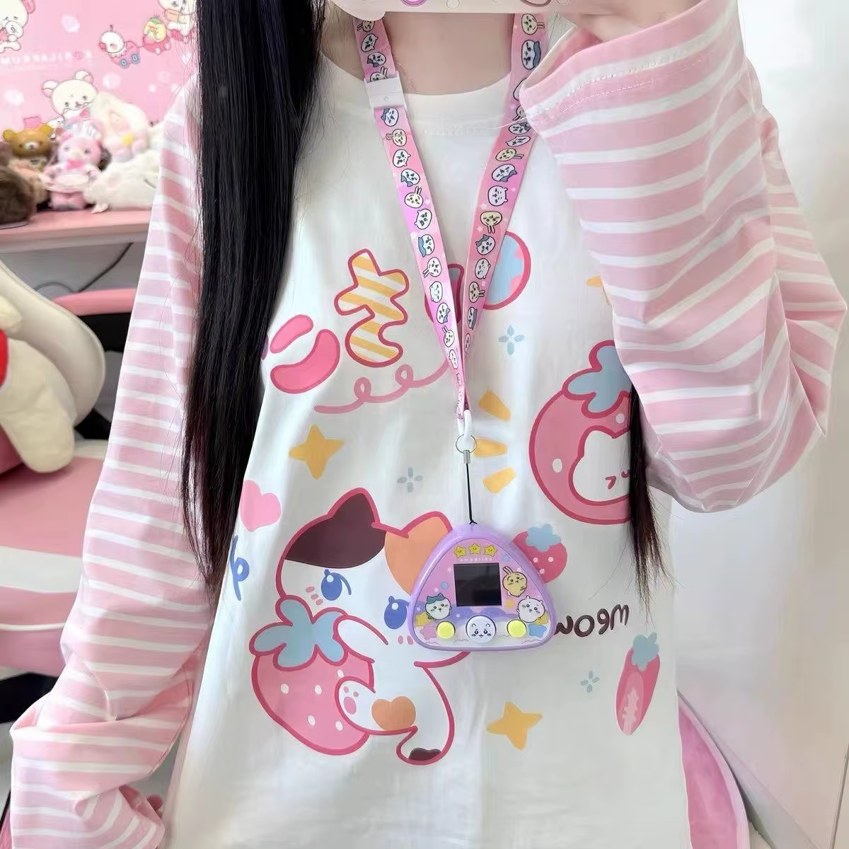 Kawaii dessin animé T-shirt Hip Hop rose T-shirt petit ami corée T-shirt à manches longues ample ray
