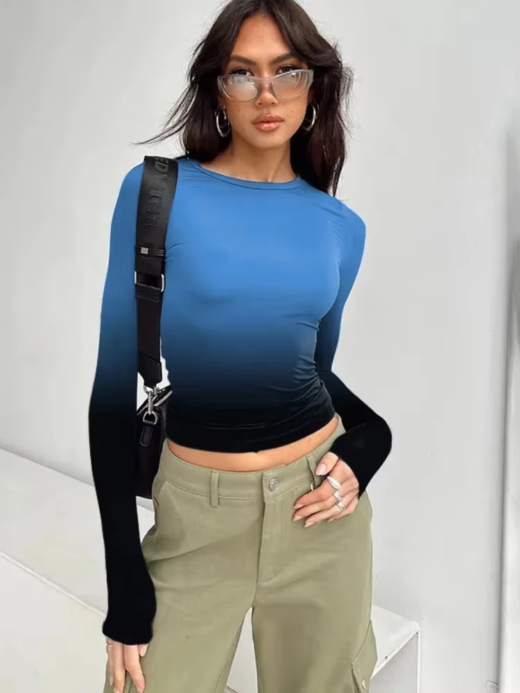 Haut court à manches longues pour femmes, vêtements esthétiques, t-shirt à col rond, coupe couvertes