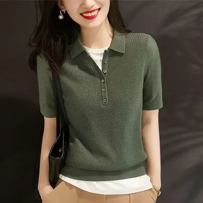 Chemise à col Polo jaune bouton tricoté rose t-shirts pour femmes haut uni vêtements t-shirt à manch