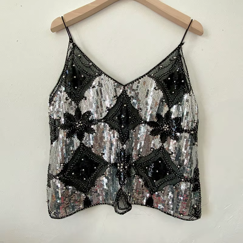 Débardeur sans manches pour femmes, col en v, Sexy, Slim, été, lourd, industriel, paillettes cloutée