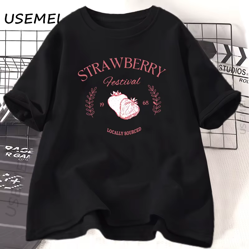 Fraise Vintage T-Shirt femme coton fraise Festival Cottagecore T-Shirt été fruits T-Shirt col rond à