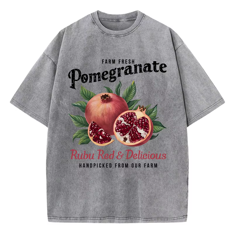 T-shirt délavé en coton pour femmes, imprimé grenade brillant, surdimensionné, col rond, confortable
