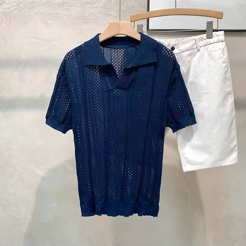 Polo en maille ajourée pour homme, manches courtes, léger, tendance, respirant, lavable en machine