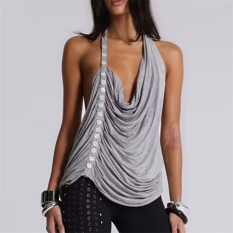 Haut d'été asymétrique sans manches à col bénitier et dos nu pour femme, avec détails boutonnés et o