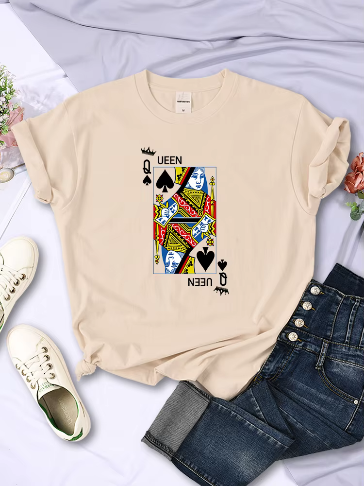 T-shirt à manches courtes imprimé cartes de poker Queen Of Spades Q pour femmes, décontracté, Kawaii