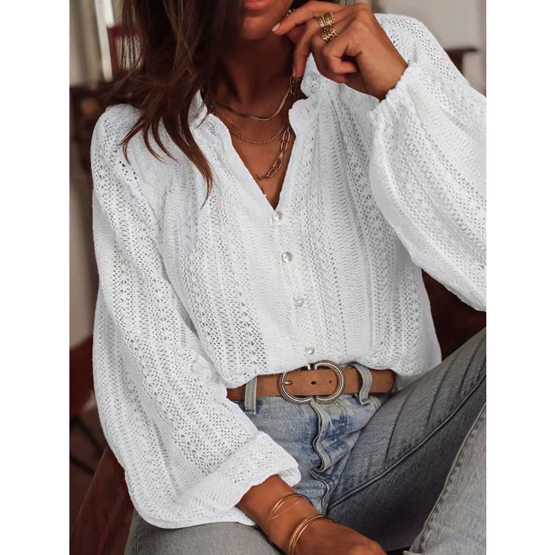 Chemisier en dentelle pour femme à manches longues, col en V boutonné, ajouré au crochet, coupe ampl