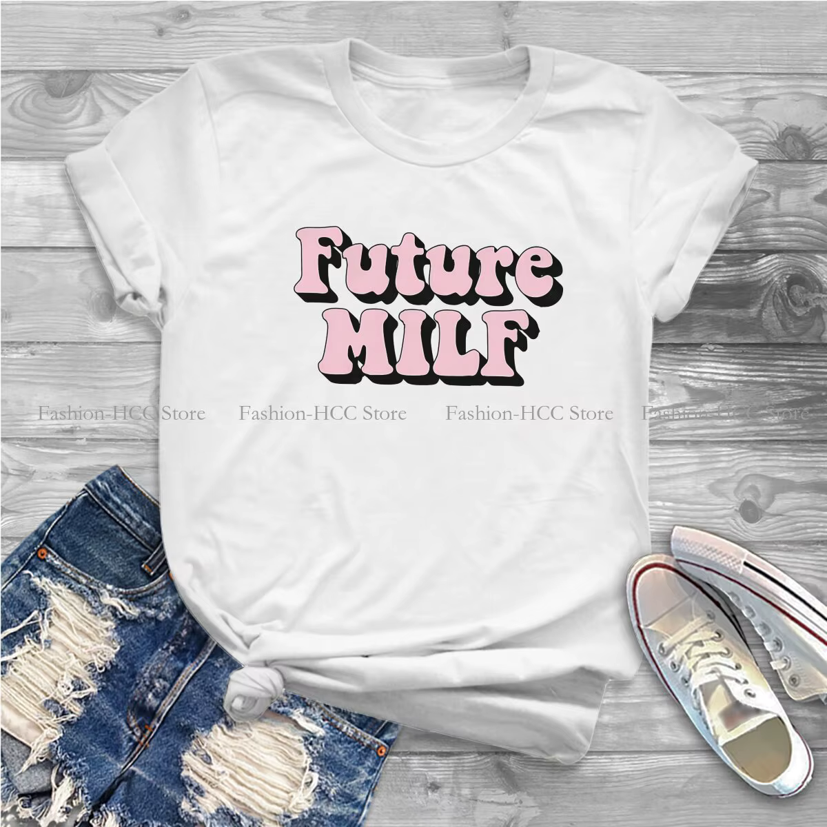 T-shirt en polyester imprimé Future Milf pour femme, streetwear décontracté cool