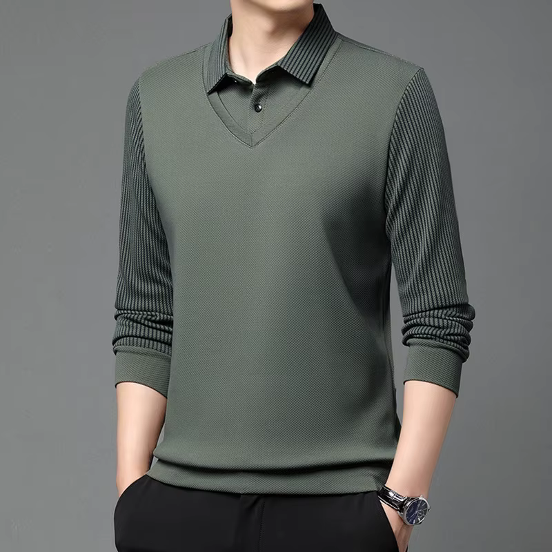 Polo à manches longues pour homme, effet deux pièces, extensible, sans repassage, col à revers, poly