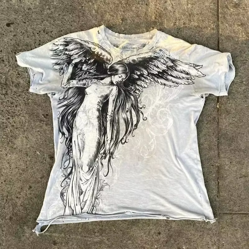 Graffiti Style gothique T-Shirt hommes américain Vintage multi-éléments haute rue surdimensionné cot