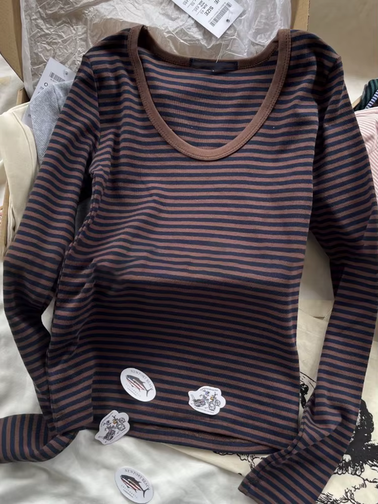 T-Shirt en Coton à Rayures Brunes pour Femme, Col en V, Slim, Manches sulf, Streetwear, Vintage, Y2K