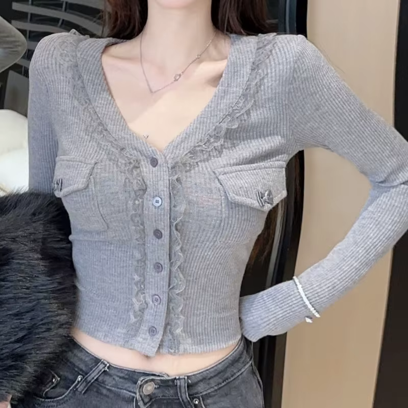 Dentelle Patchwork t-shirt pour femme volants col en V Vintage Sexy Ropa De Mujer mode coréenne basi