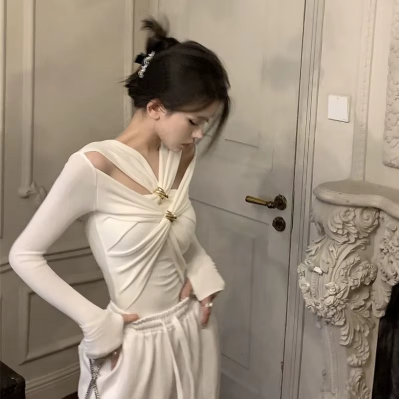 T-shirt blanc à manches longues pour femmes, coupe cintrée, décontracté, couche de base, élégant, mo