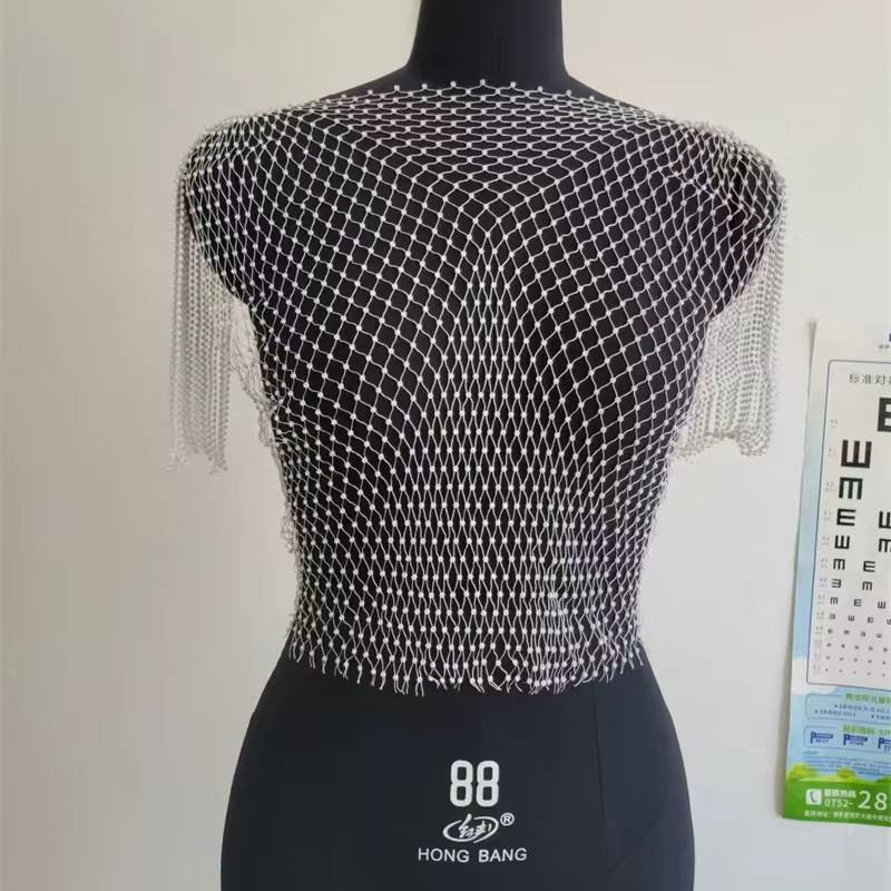 Crop top femme en résille à strass, col en V, transparent, orné de cristaux, avec franges à pampille